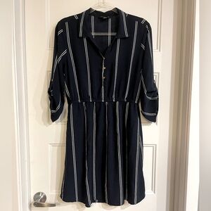 Navy striped dress, light and airy casual elegance, preppy 3/4 sleeves